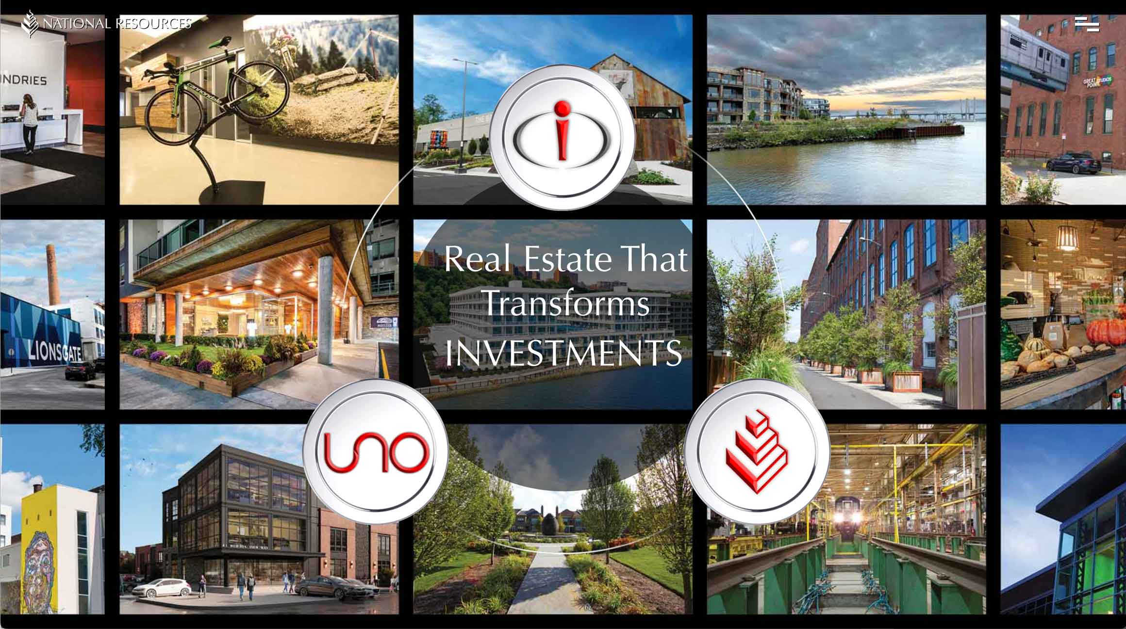 National Resources website: 3 graphic tokens around text 'Real Estate that Transforms Investments', property development grid.