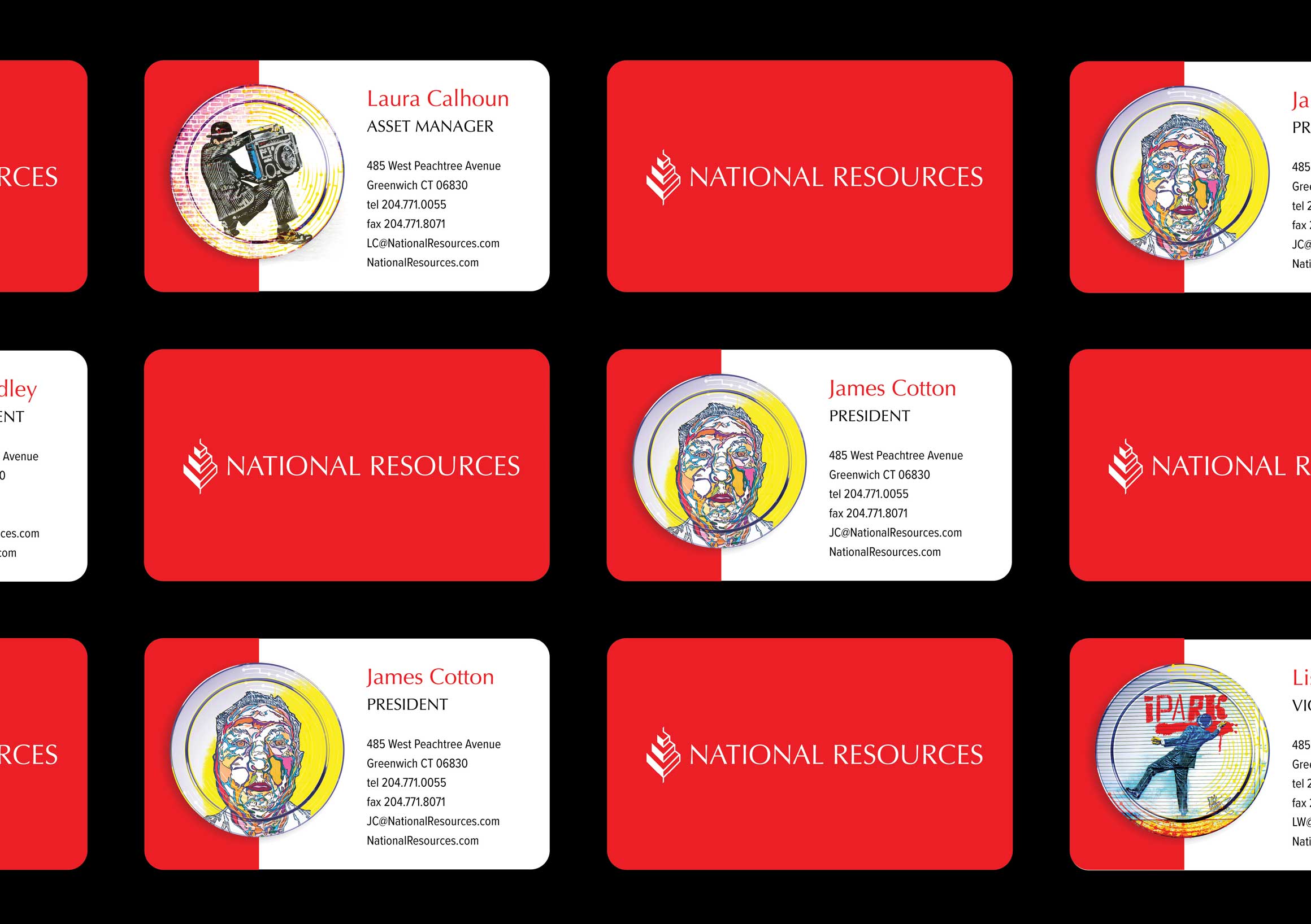 National Resources business card: white logo on red, with round mural illustrations next to the contact info.