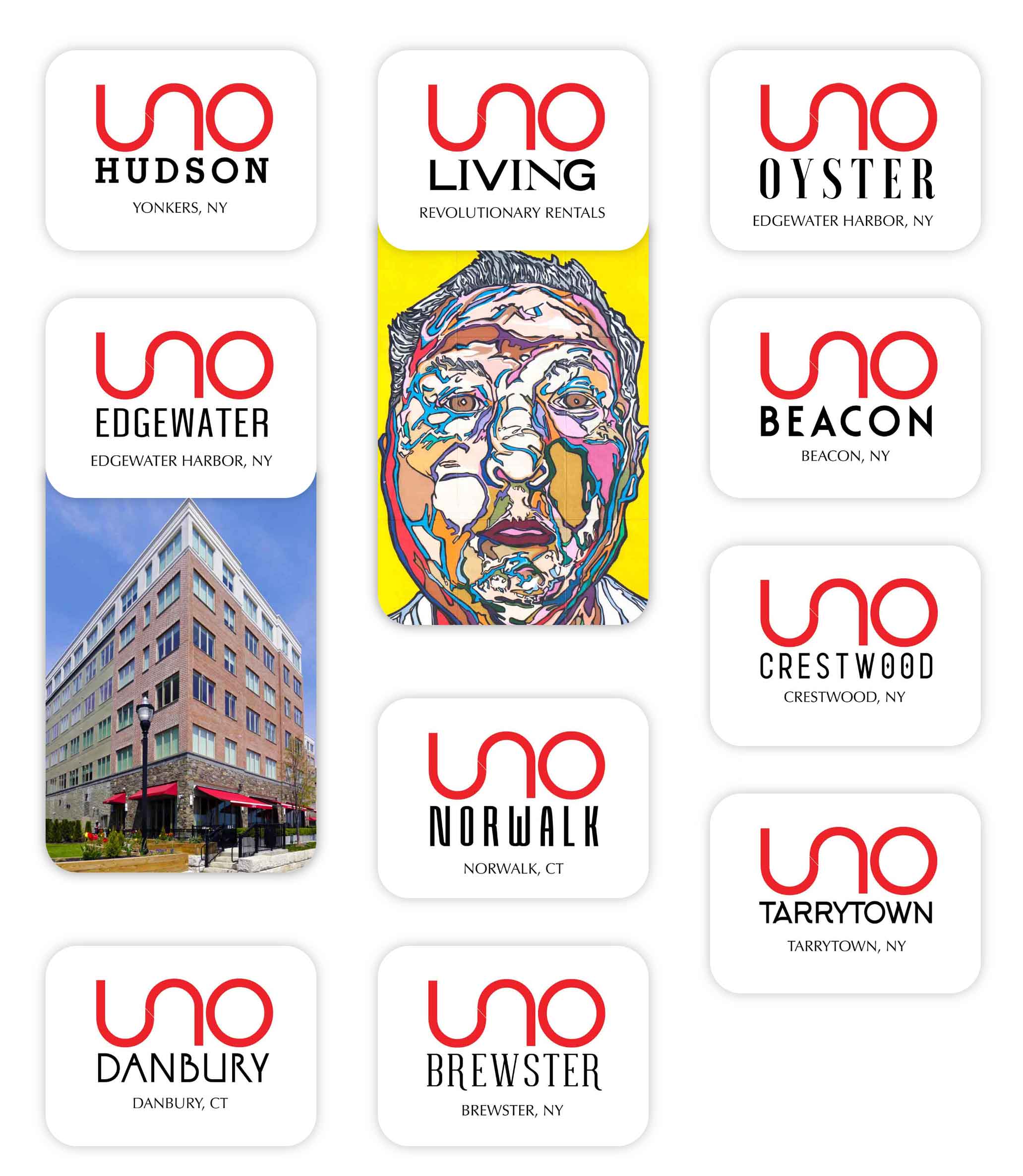 Hover-animated elements on website showcasing UNO rental building locations and the UNO man mural.